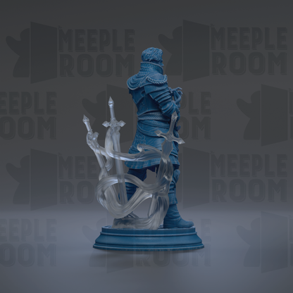 A 3D rendering of a blue armored figure holding a sword, standing on a pedestal.