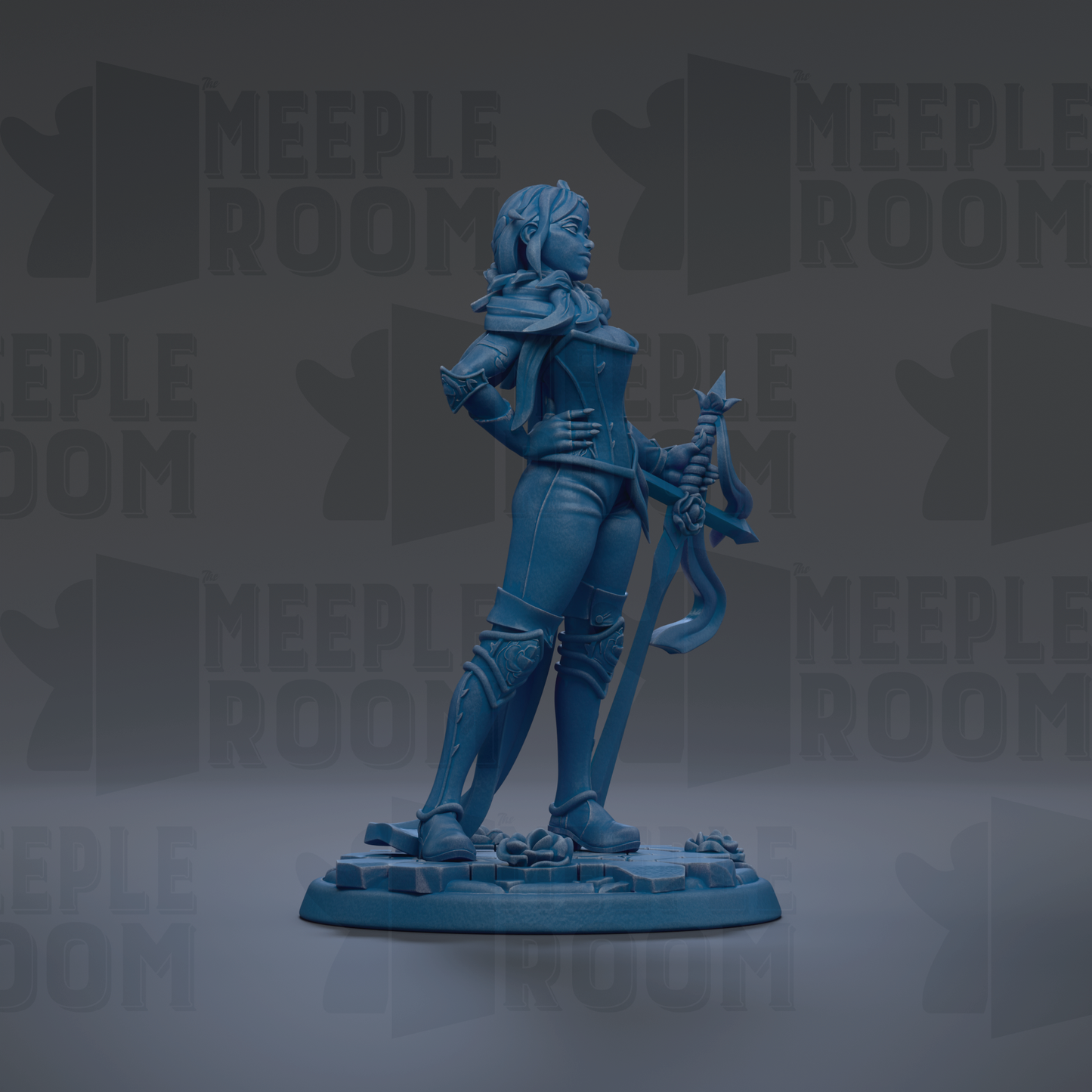 A blue figurine of a woman holding a sword and shield, standing on a base.