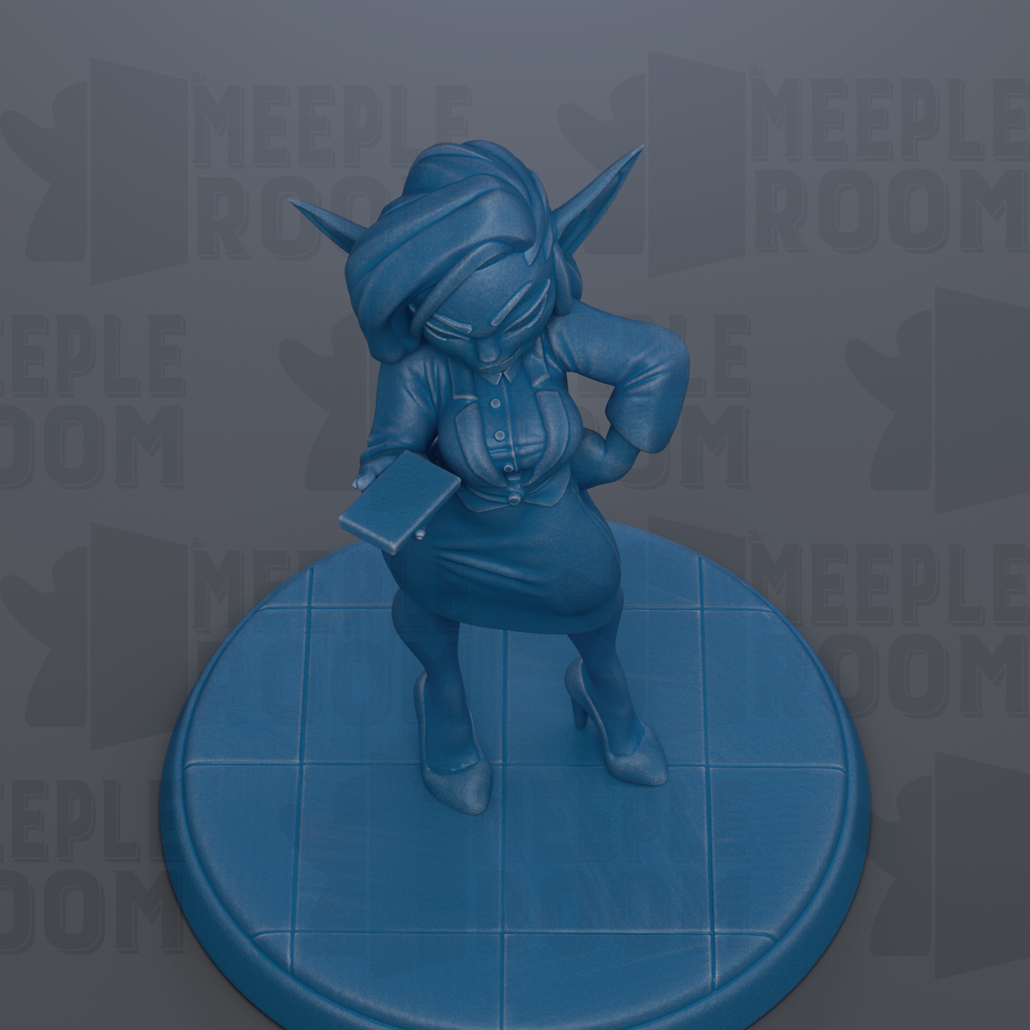 A blue figurine of a person standing on a blue platform, holding a book in their hand.