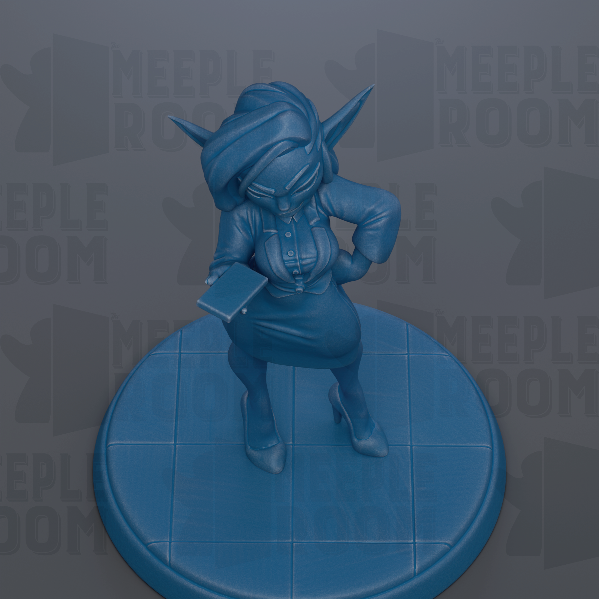 A blue figurine of a person standing on a blue platform, holding a book in their hand.