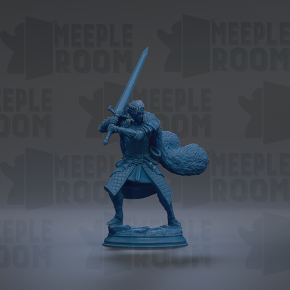 A blue figurine of a warrior standing on a pedestal, holding a sword in one hand and a shield in the other.
