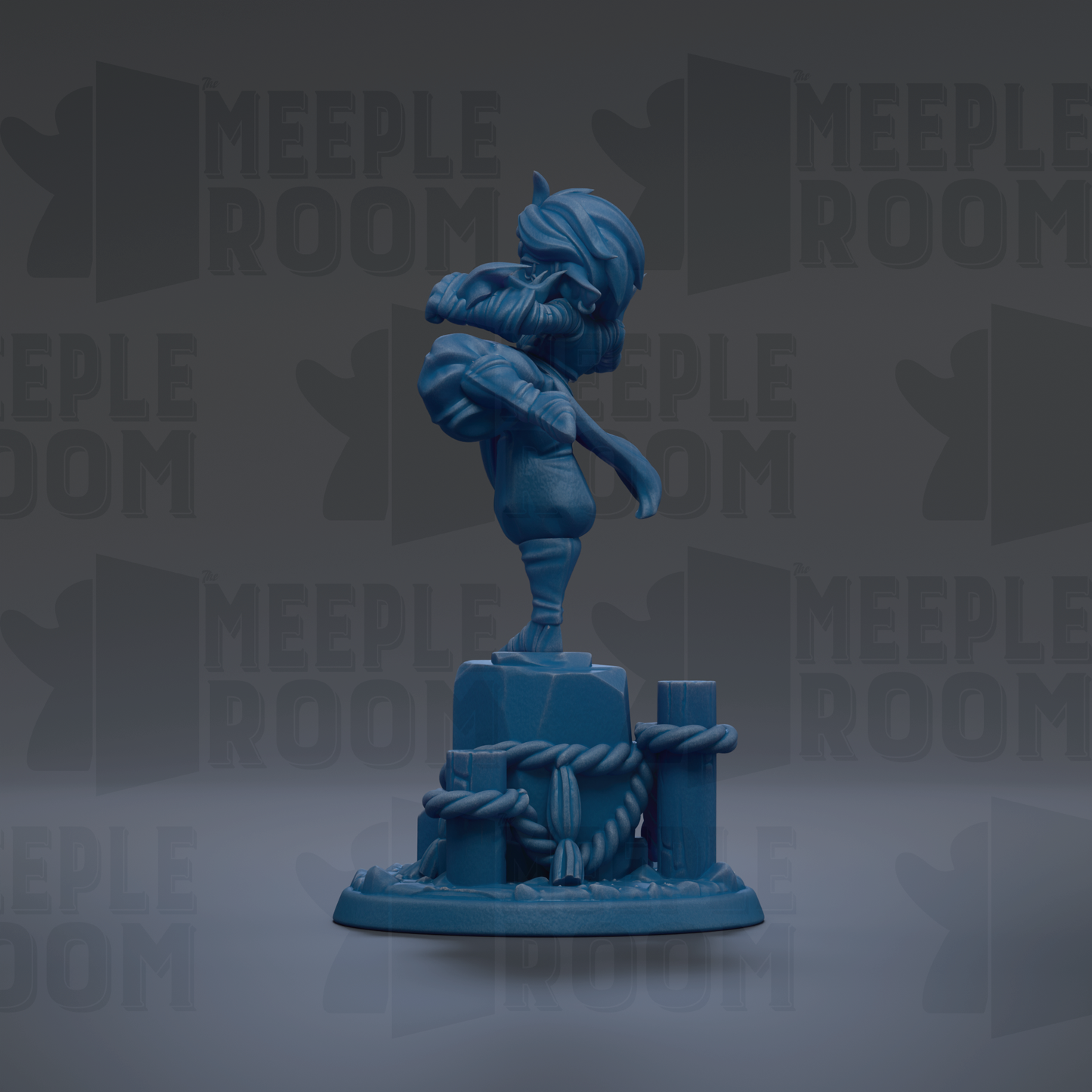 A blue figurine of a person standing on a pedestal, with the text "MEUPLE ROOM" repeated in the background.
