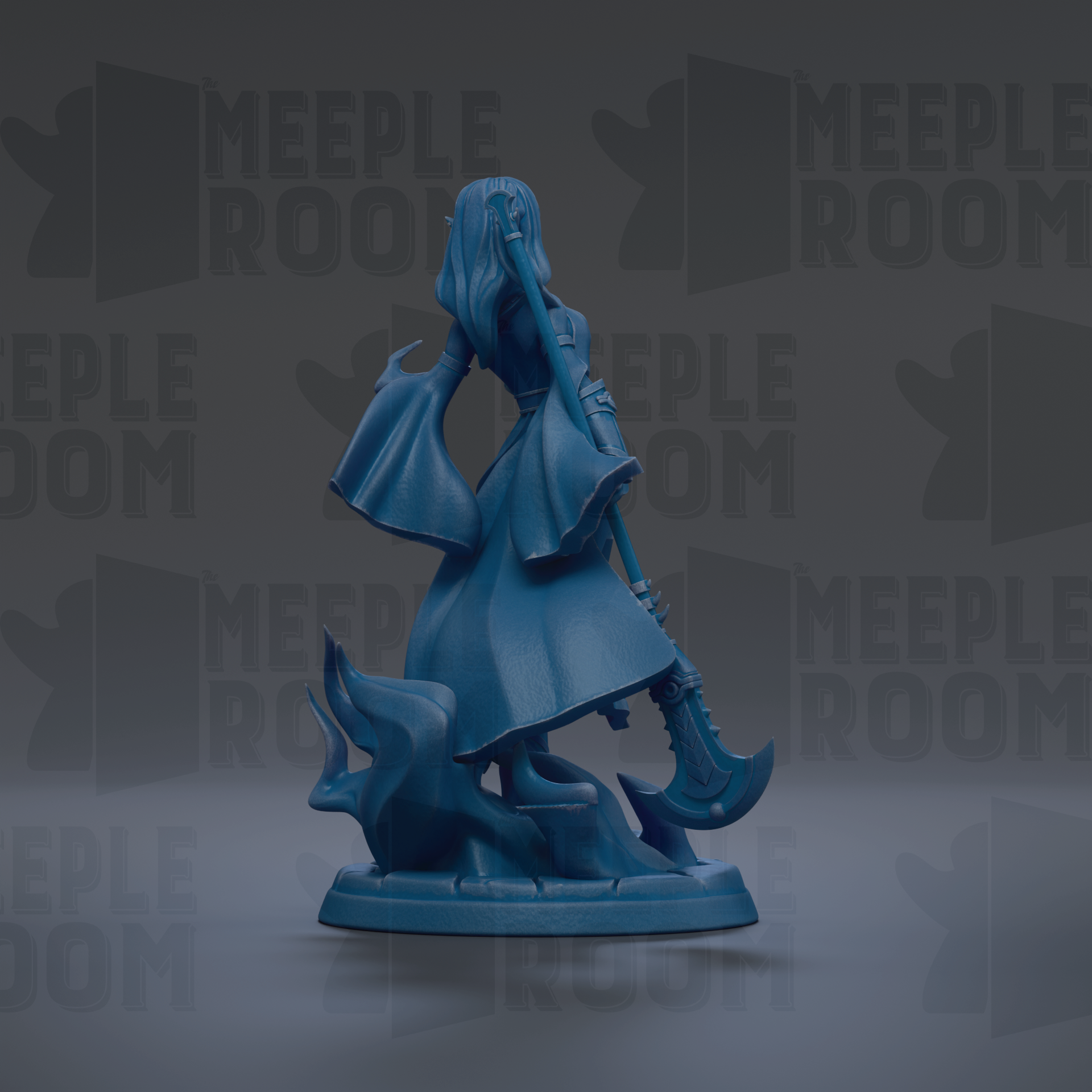 A blue figurine of a woman holding a weapon, standing on a platform, with the text "MEUPLE ROOM" repeated in the background.