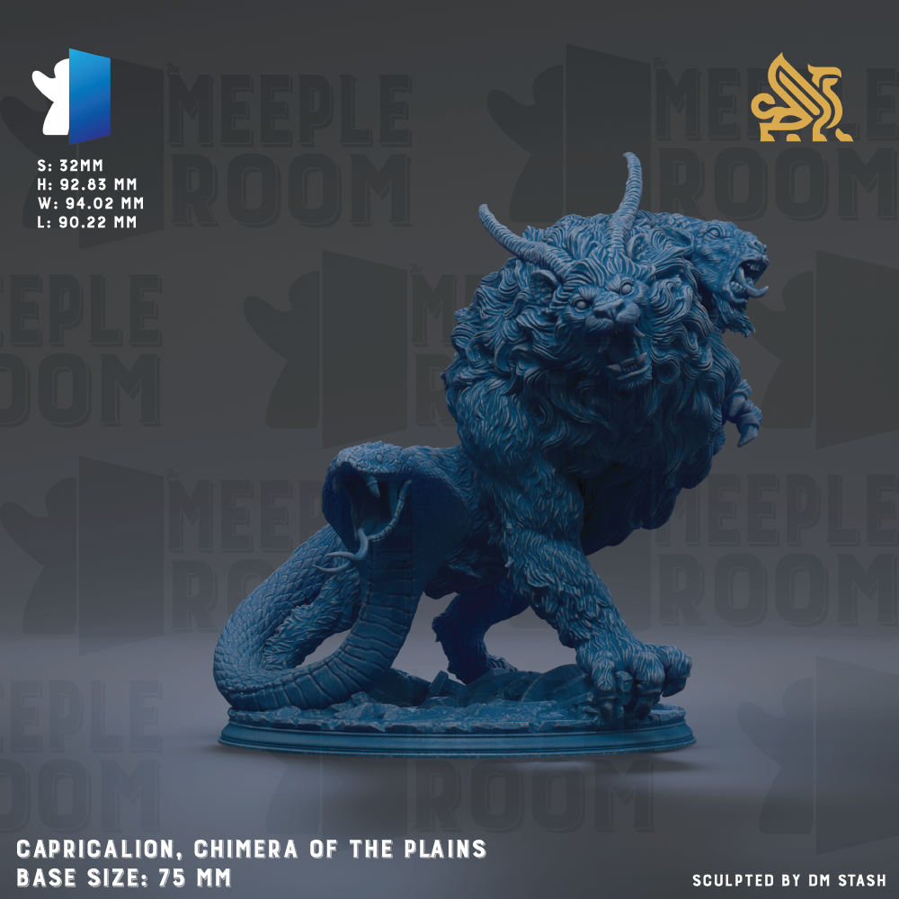 a blue statue of a mythical creature called the Capricorn, which is a mythical beast with the body of a lion and the head of a serpent. The statue is depicted in a dynamic pose, with its head raised and its body twisted in an impressive display of strength and agility. The statue is set against a dark background, which contrasts with its vibrant blue color and makes it stand out prominently. The image is described as a "collage of multiple images" and is labeled as a "base size: 7.5 mm".