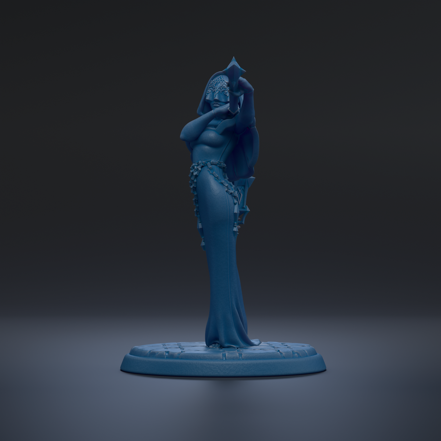 A blue statue of a woman with a long, flowing dress stands on a circular base against a dark background.