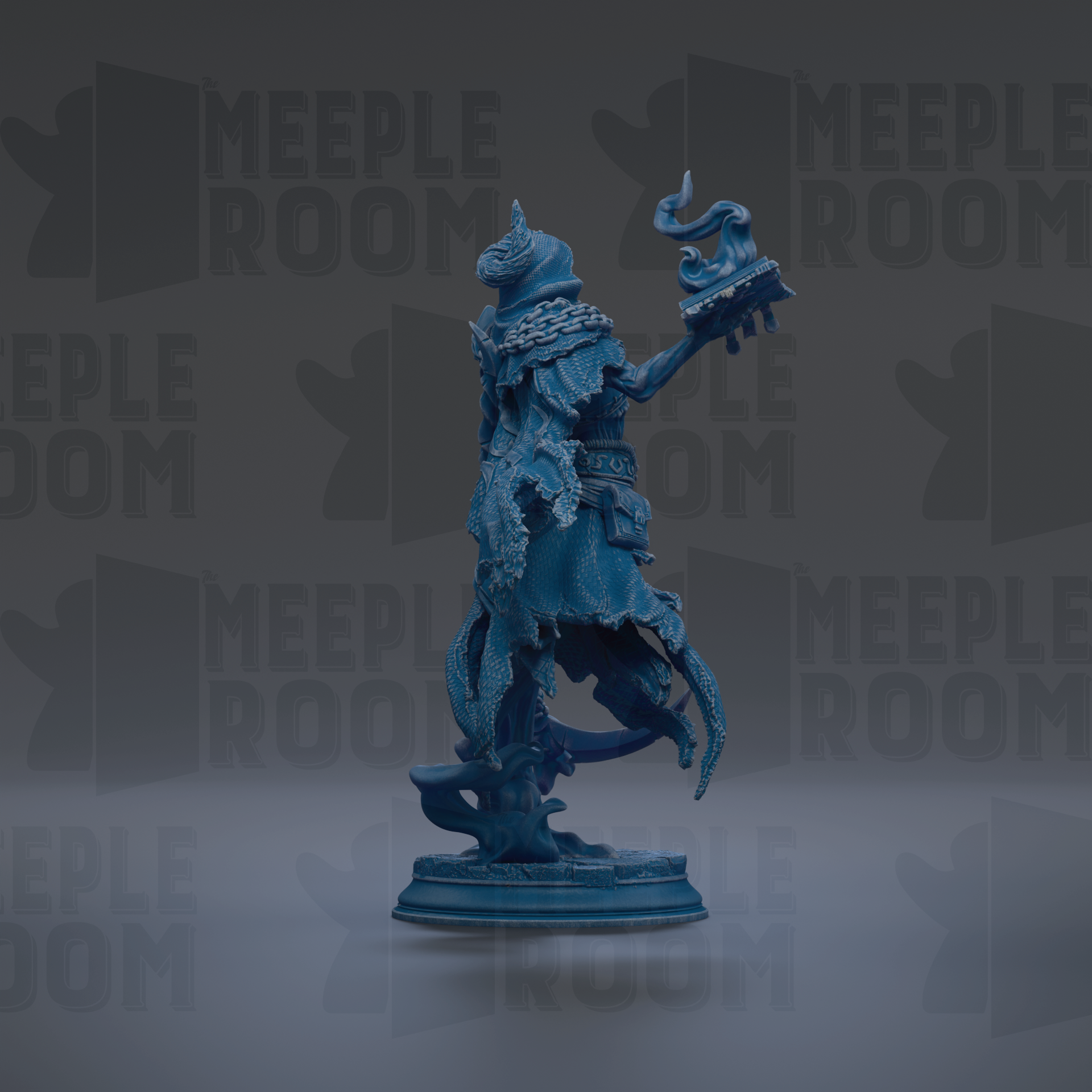 A blue statue of a figure holding a trophy stands against a dark background with repeated text.