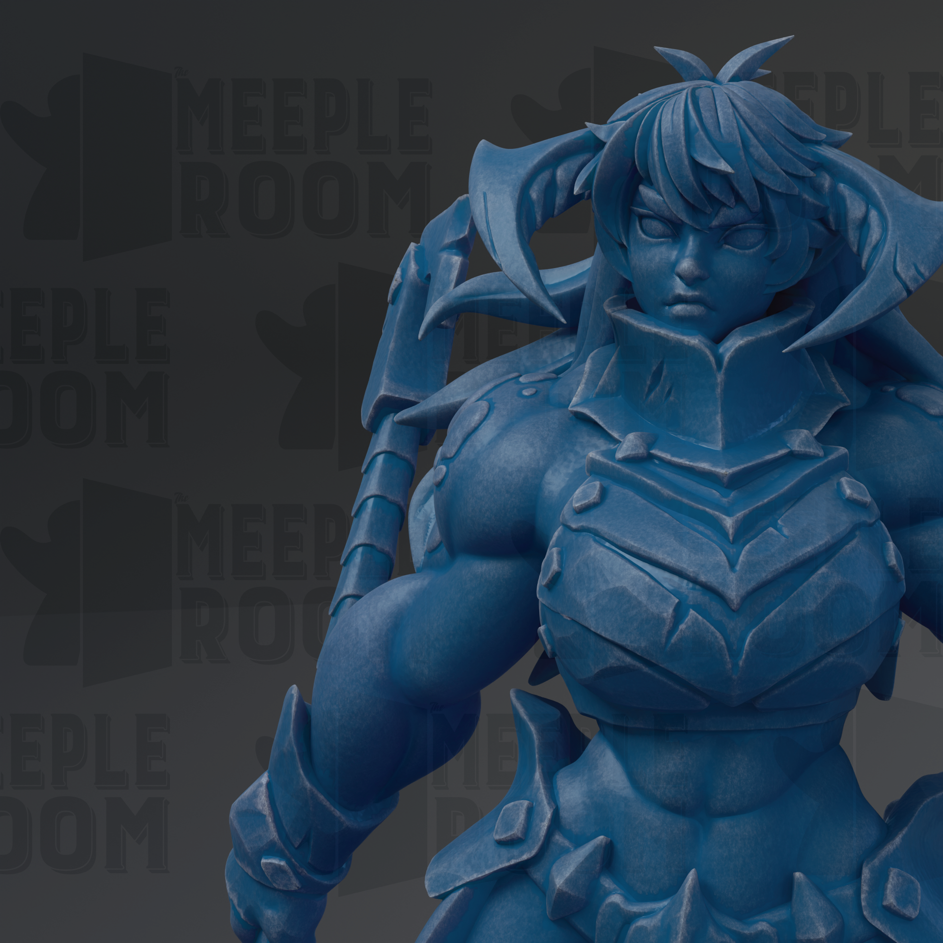 A close-up of a blue, armored figure with a determined expression, set against a dark background with repeated text.
