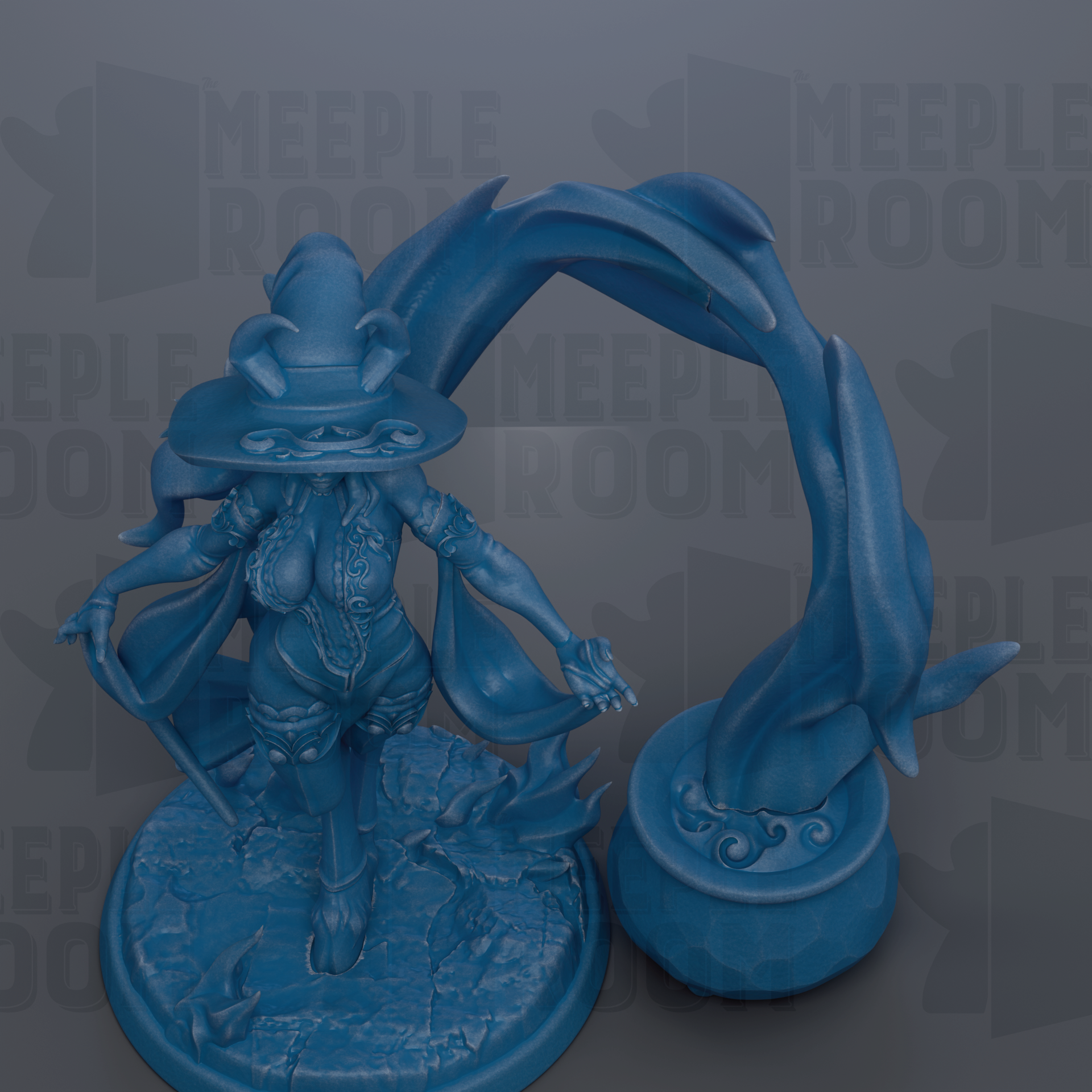 A blue figurine of a woman with a pointed hat and flowing cape, standing on a base with a stylized design.