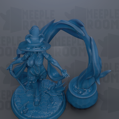 A blue figurine of a woman with a pointed hat and flowing cape, standing on a base with a stylized design.