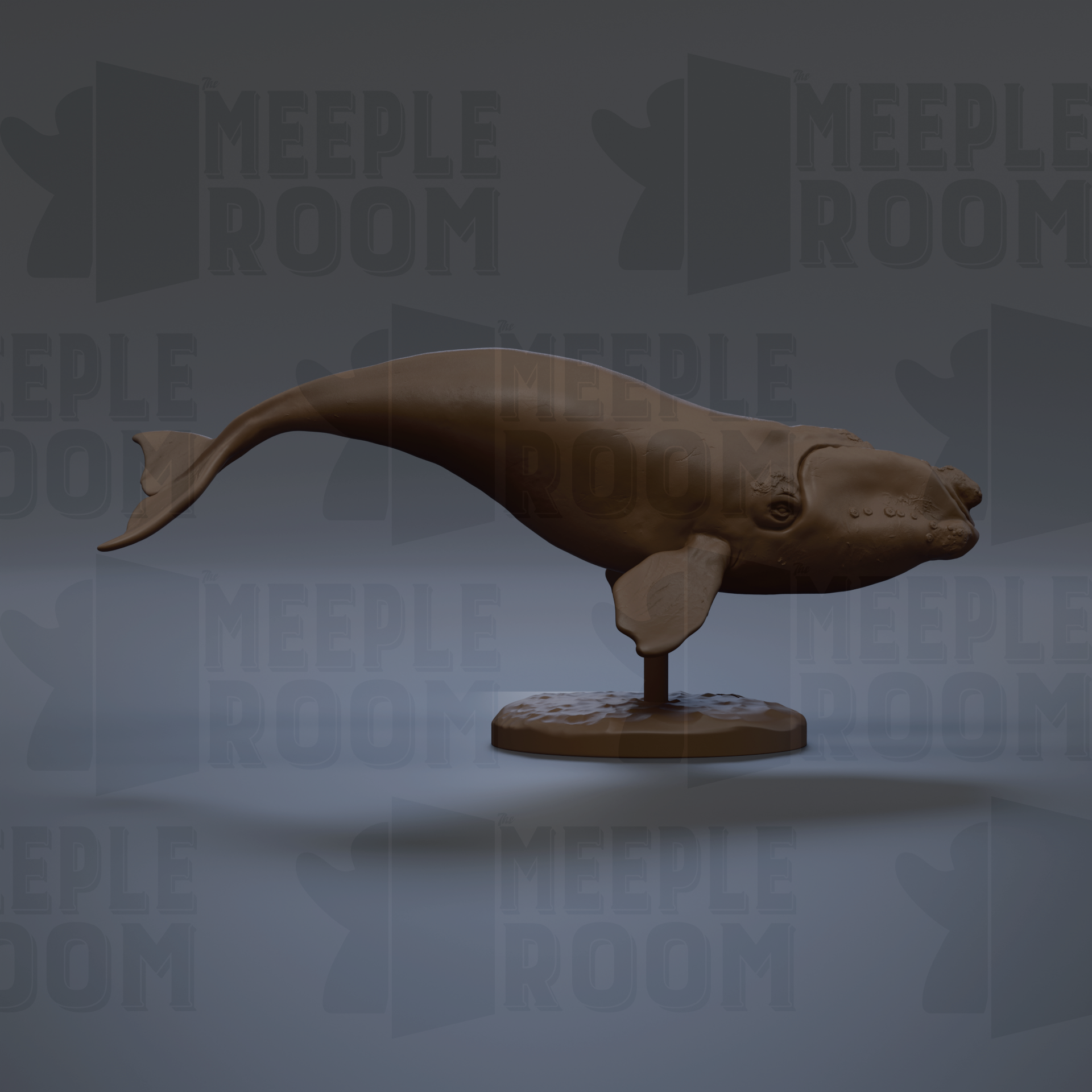 A 3D rendering of a whale sculpture on a stand, with the text "MEIPLROOM" repeated in the background.