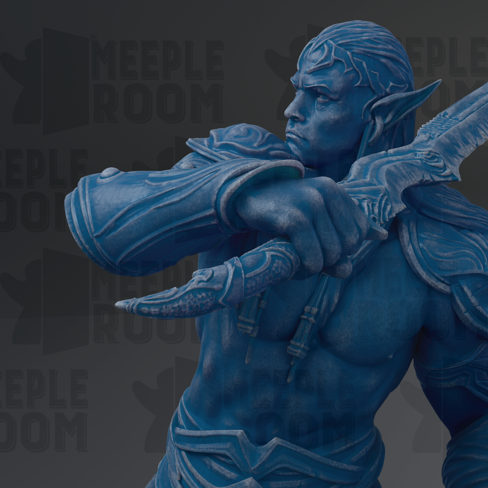 A blue statue of a warrior figure holding a sword and shield, with the text "MEUPLE ROOM" visible in the background.
