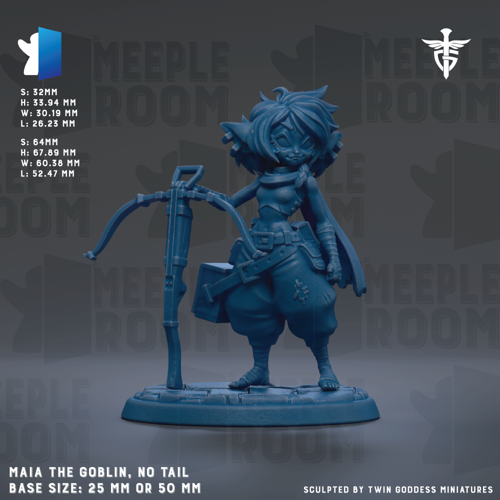 The image is a figurine of a character namedmaia the Goblin, a female character with a large head and a small body, standing on a base. The figurine is blue in color and is holding a bow and arrow. The figurine is described as having a tail and is shown in a standing position. The base size of the figurine is 25mm or 50mm. The image is a collage of multiple images, and it is described as being sculpted by Twin Goddess Miniatures.
