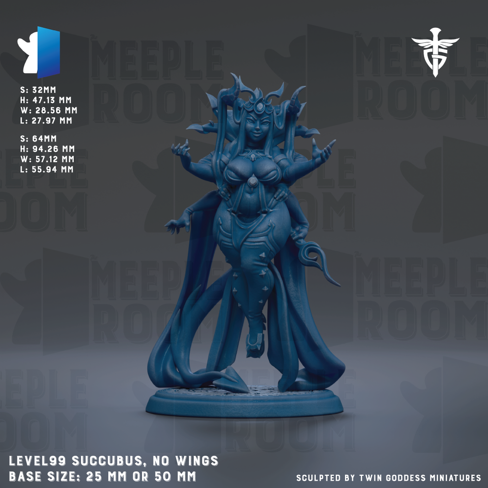 The image is a detailed model of a blue figurine of a female character with multiple arms and a large headdress, standing on a base. The figurine appears to be a sculpture of a deity or a mythical creature. The image is described as a "level99 succubus, no wings" and is shown in a "base size: 25 mm or 50 mm". The image is a collage of multiple images, and the description does not include any redundancy or vague wording.