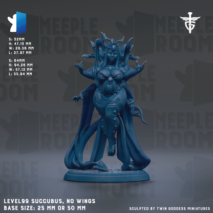 The image is a detailed model of a blue figurine of a female character with multiple arms and a large headdress, standing on a base. The figurine appears to be a sculpture of a deity or a mythical creature. The image is described as a "level99 succubus, no wings" and is shown in a "base size: 25 mm or 50 mm". The image is a collage of multiple images, and the description does not include any redundancy or vague wording.