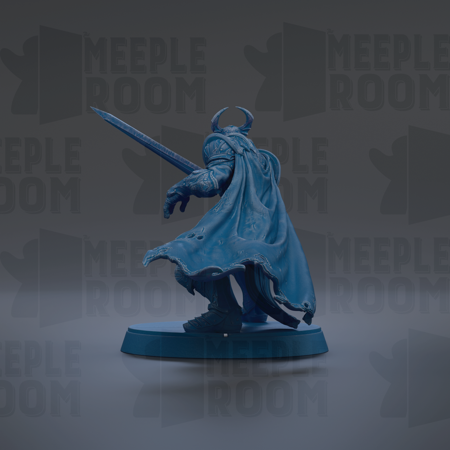 A blue statue of a knight with a sword and shield, standing on a pedestal against a dark background with repeated text.