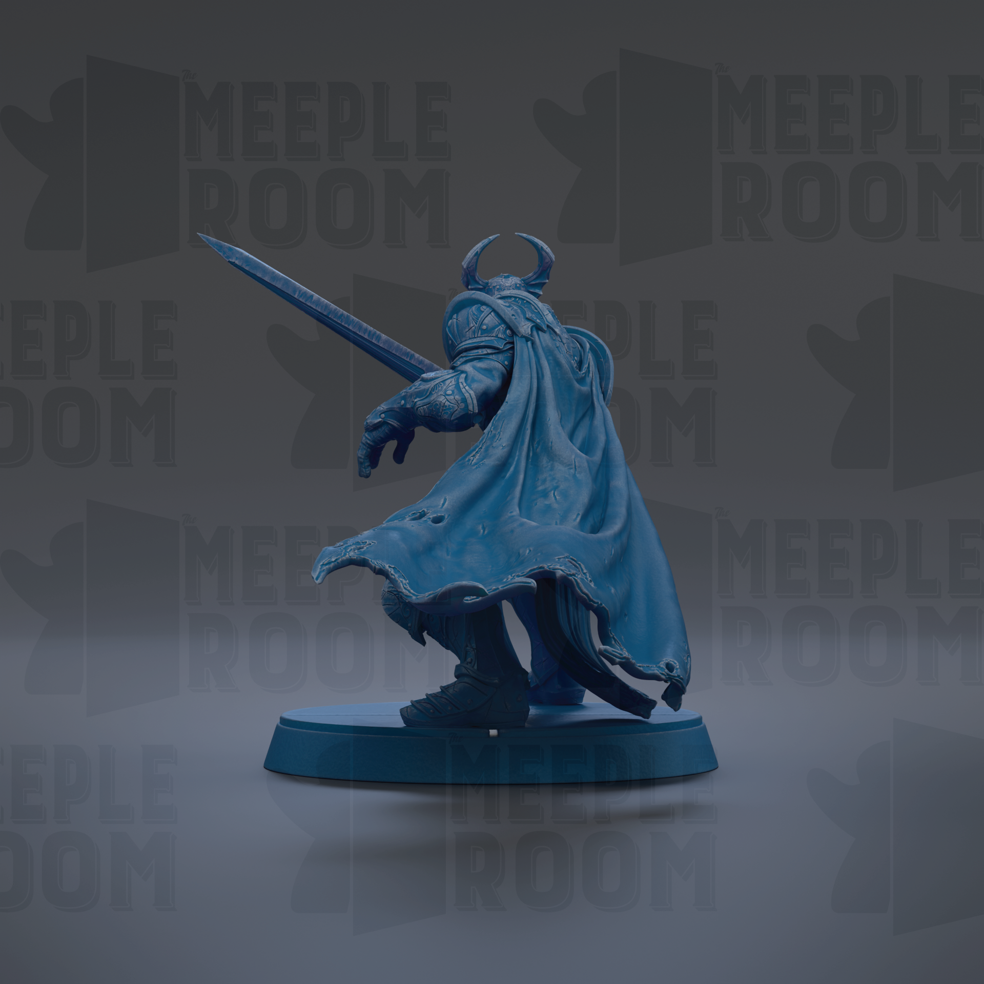 A blue statue of a knight with a sword and shield, standing on a pedestal against a dark background with repeated text.
