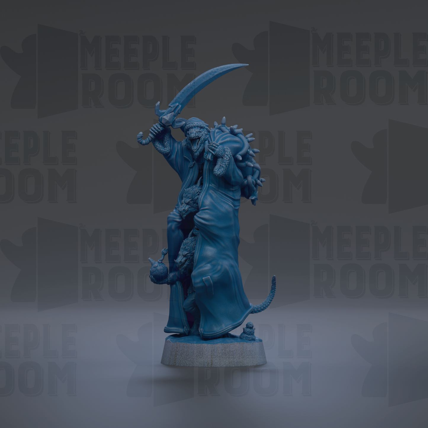 A blue figurine of a person holding a sword and a bag, standing on a pedestal.