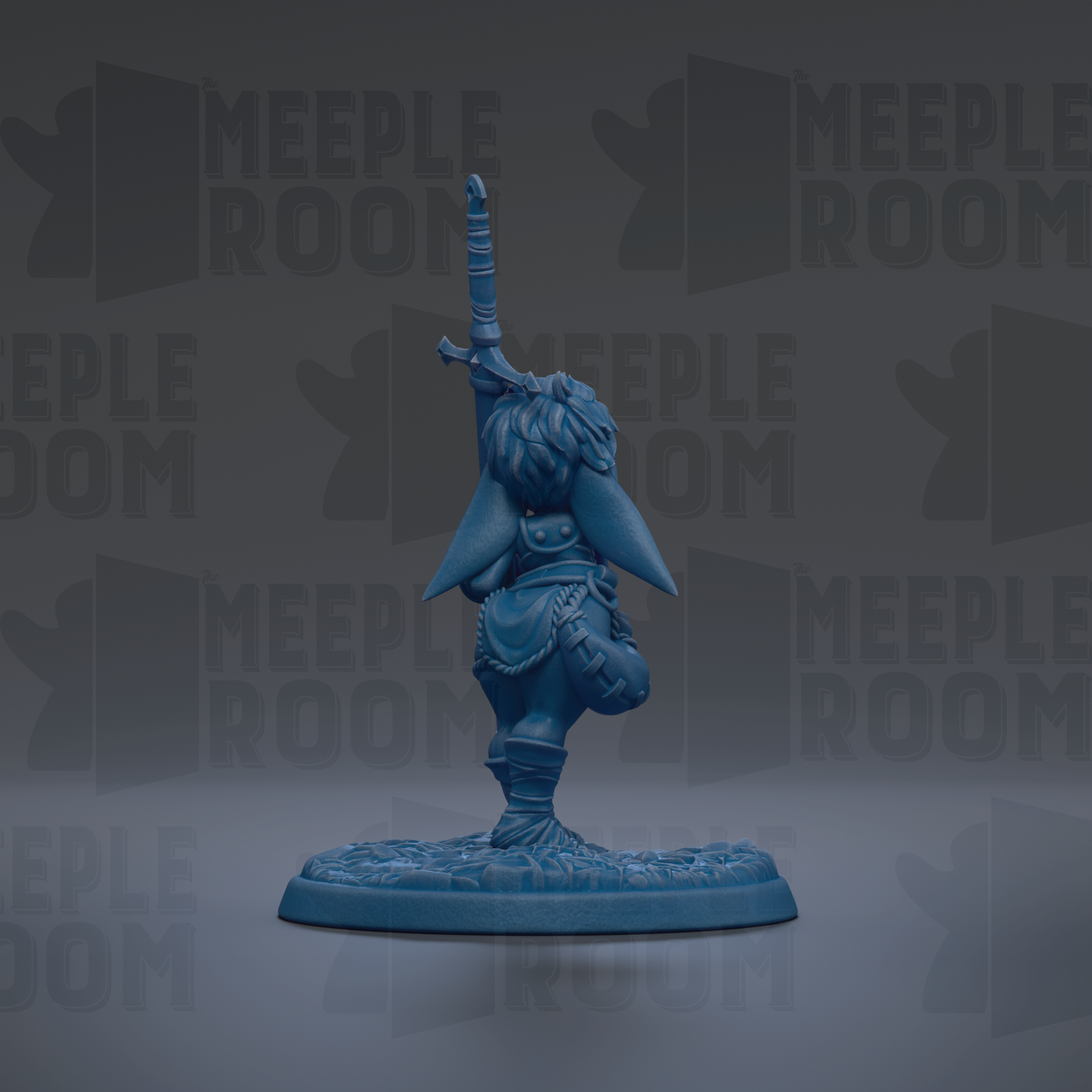 A blue figurine of a person standing on one leg, with a sword in their hand, against a dark background with repeated text.