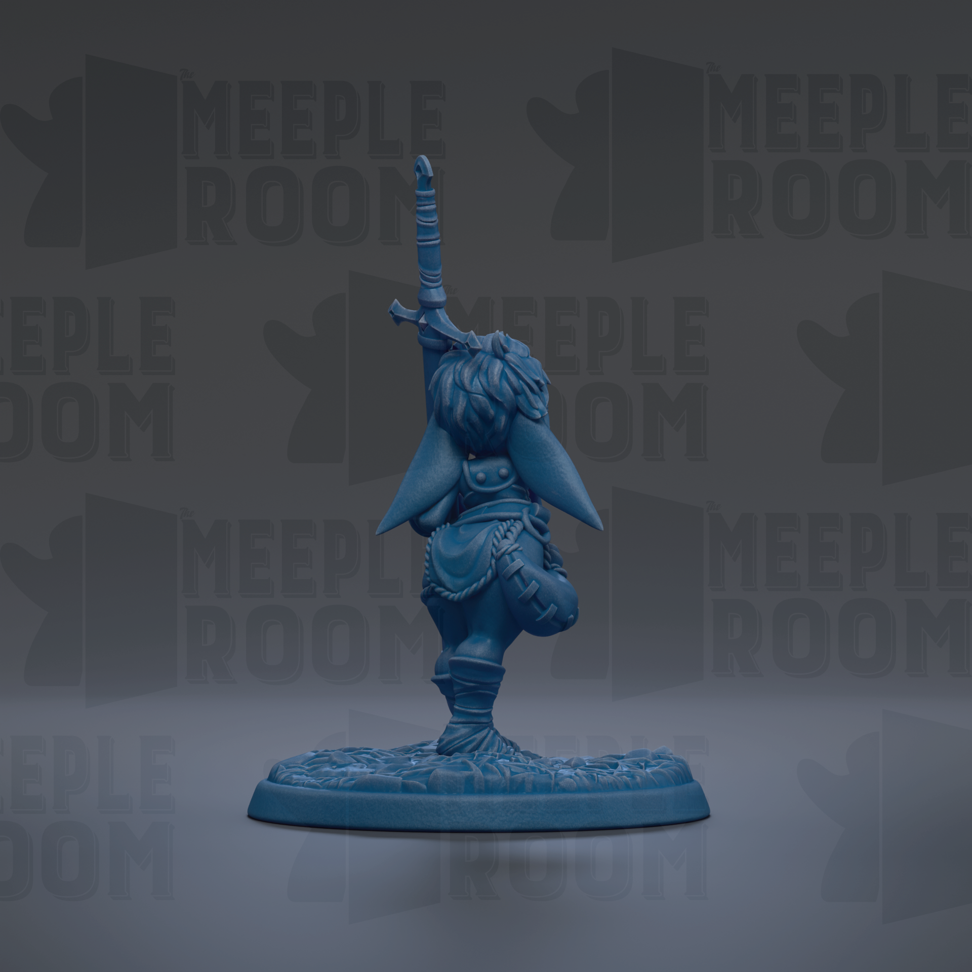 A blue figurine of a person standing on one leg, with a sword in their hand, against a dark background with repeated text.