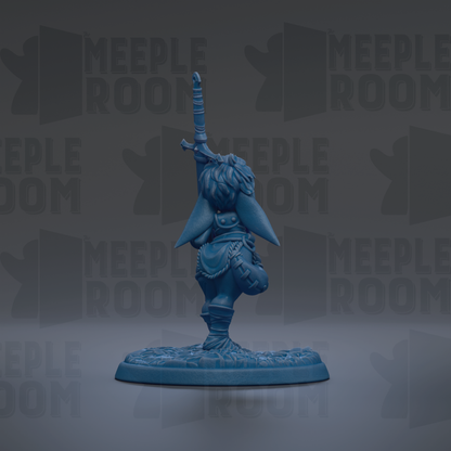 A blue figurine of a person standing on one leg, with a sword in their hand, against a dark background with repeated text.