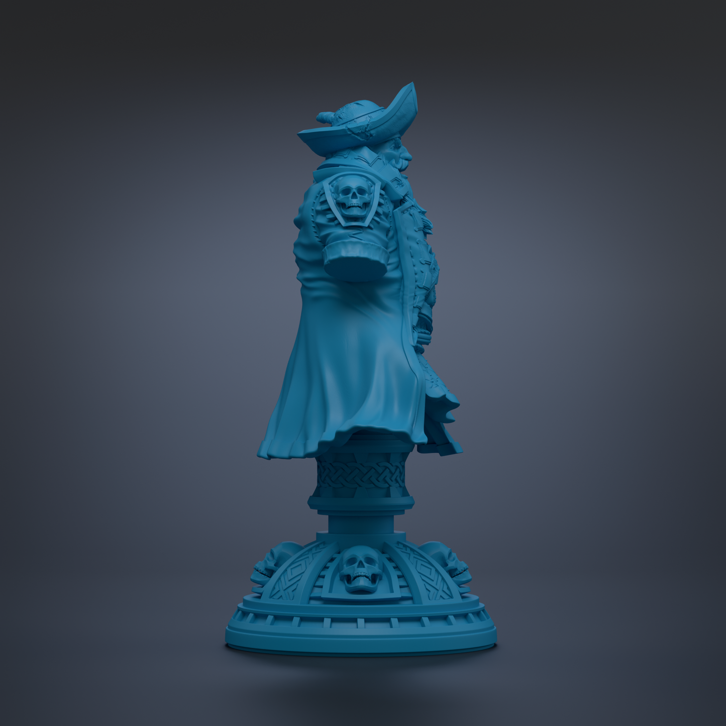 A blue statue of a pirate standing on a pedestal with a skull design.