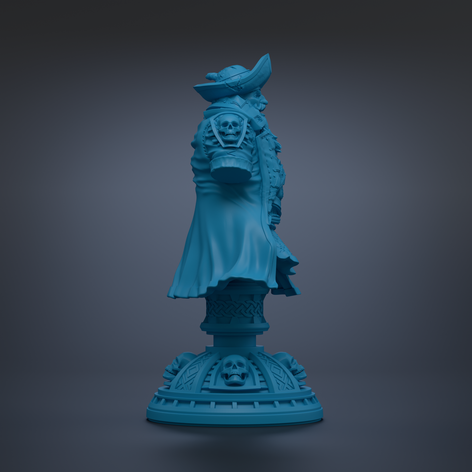 A blue statue of a pirate standing on a pedestal with a skull design.