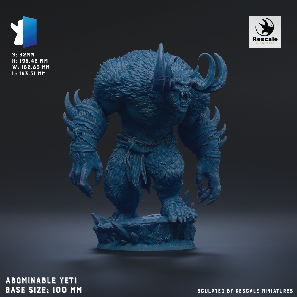 a large, detailed, and imposing blue figurine of a creature with sharp teeth and claws, standing on a rock formation. The figurine is the main focus of the image, and it is described as being "abominable yeti" and "base size: 100 mm". The image is a sculpture, and it is created by Rescale miniatures.