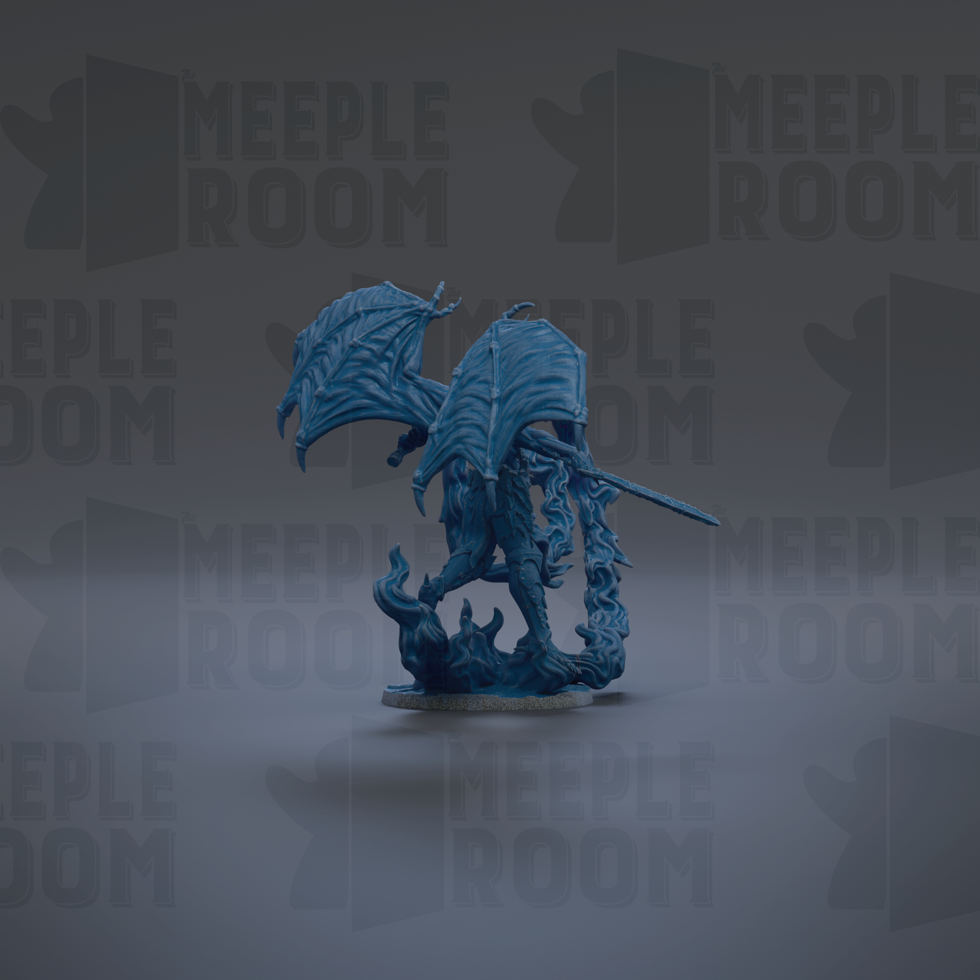 A blue dragon figurine is shown against a dark background with repeated text.