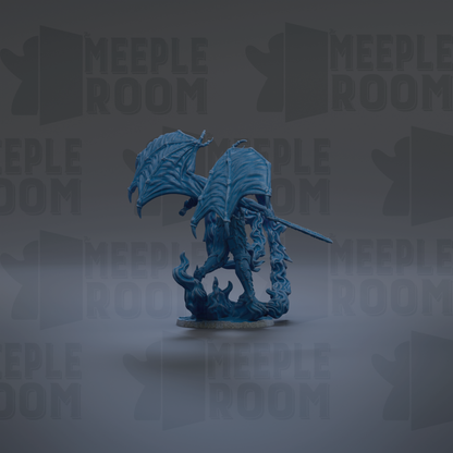 A blue dragon figurine is shown against a dark background with repeated text.