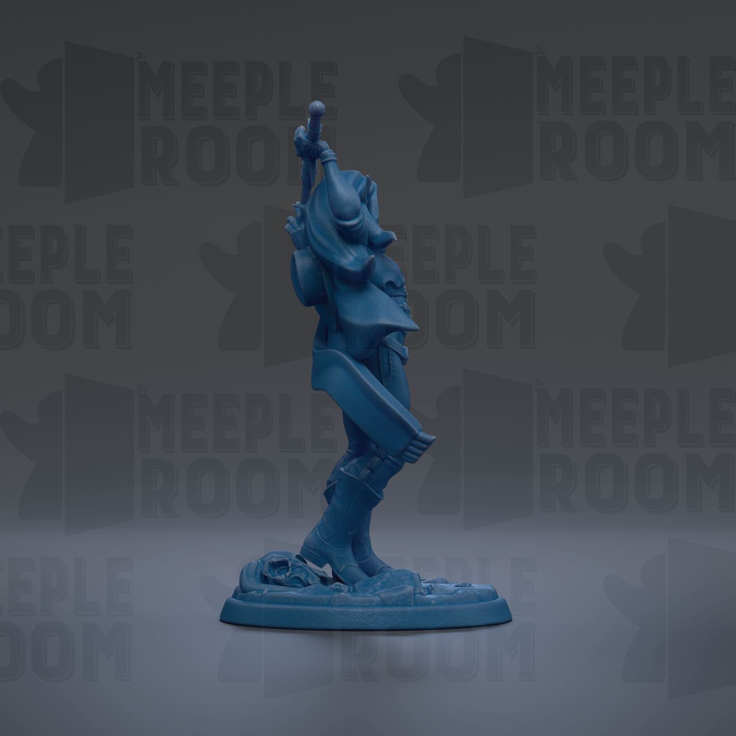 A blue figurine of a person standing on one leg, holding a weapon, against a dark background with repeated text.