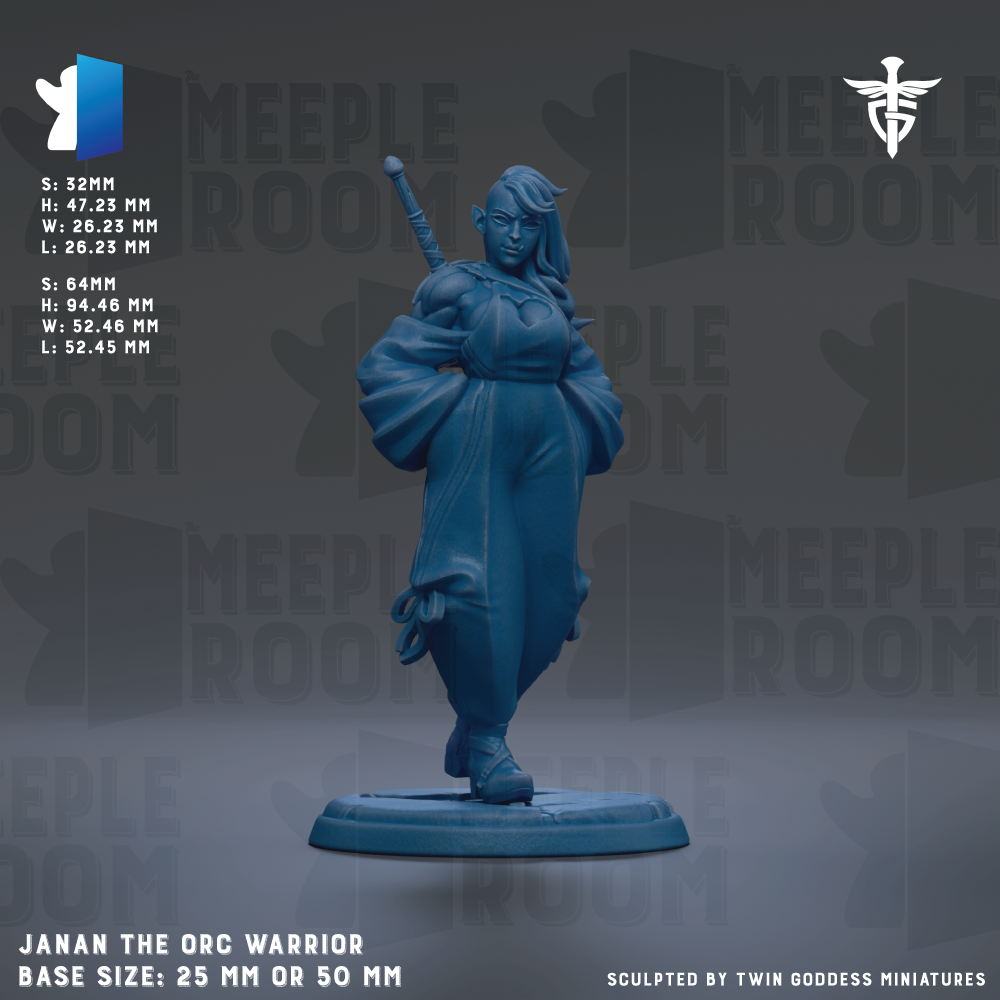 a figurine of a warrior, specifically the character Janan the orc warrior, with a base size of 25mm or 50mm.