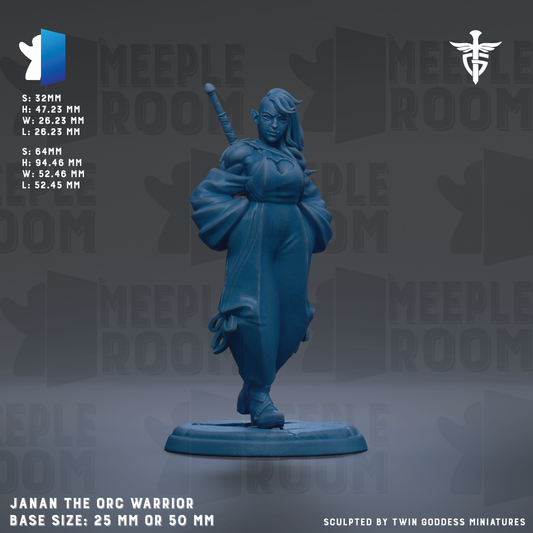 a figurine of a warrior, specifically the character Janan the orc warrior, with a base size of 25mm or 50mm.