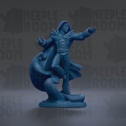 A blue figurine of a person with outstretched arms, standing on a pedestal.