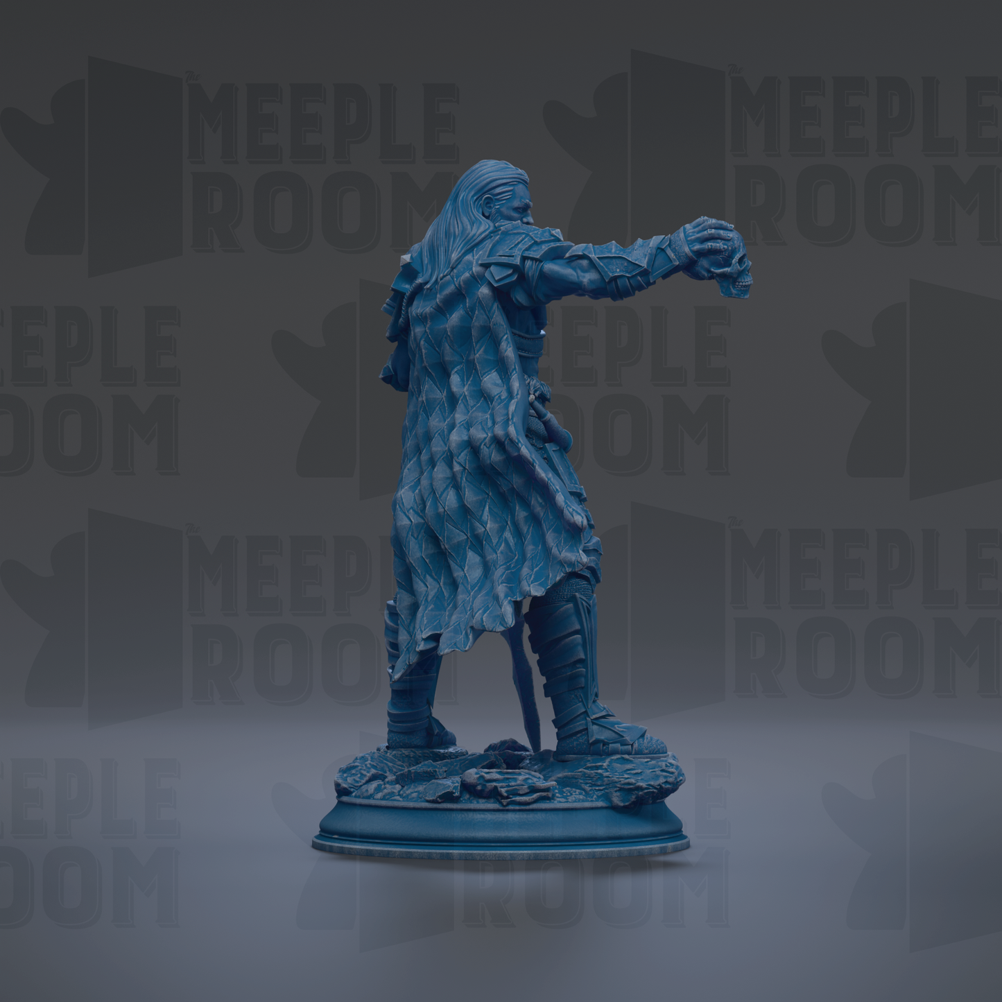 A blue statue of a person with long hair and a flowing garment stands on a pedestal against a dark background with repeated text.