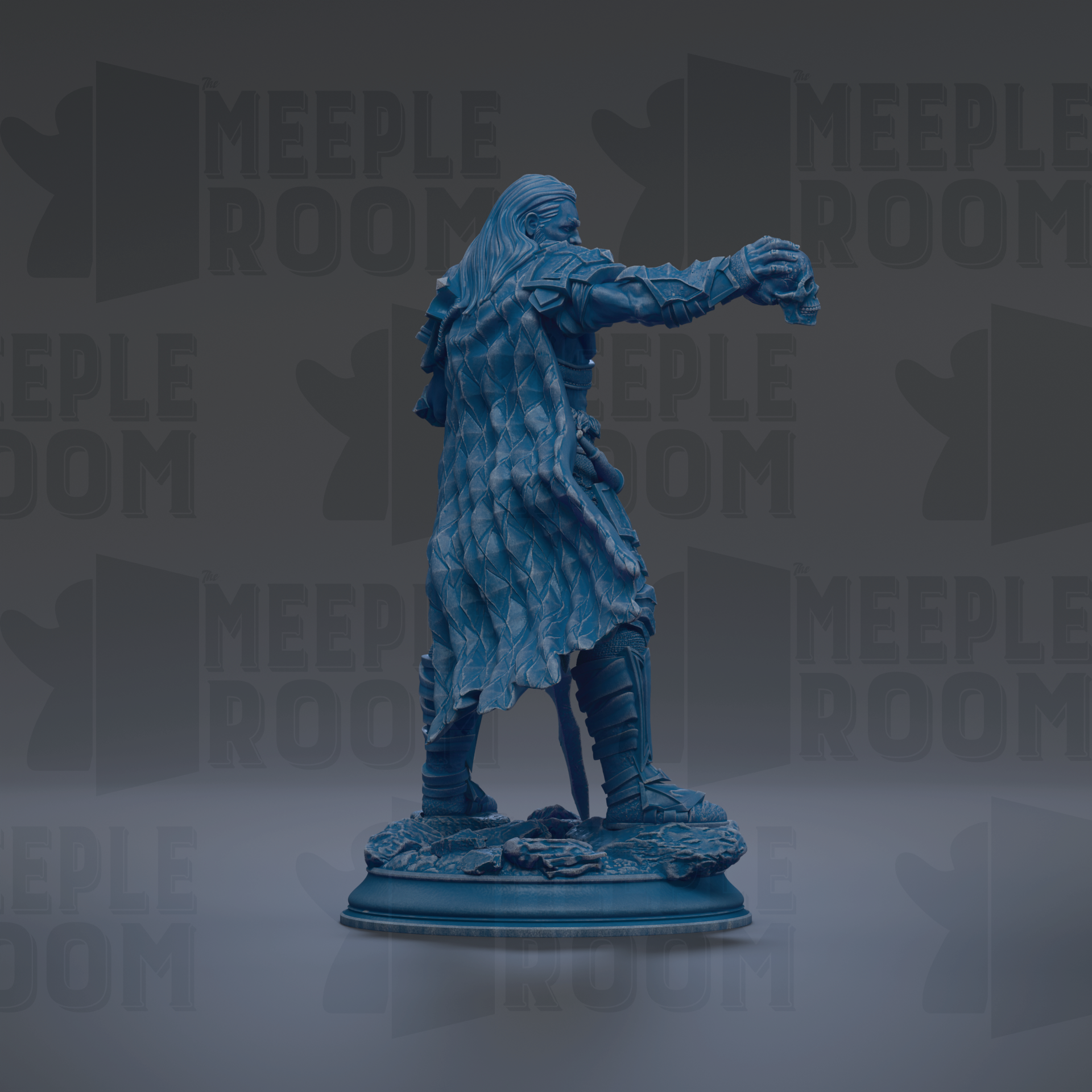 A blue statue of a person with long hair and a flowing garment stands on a pedestal against a dark background with repeated text.
