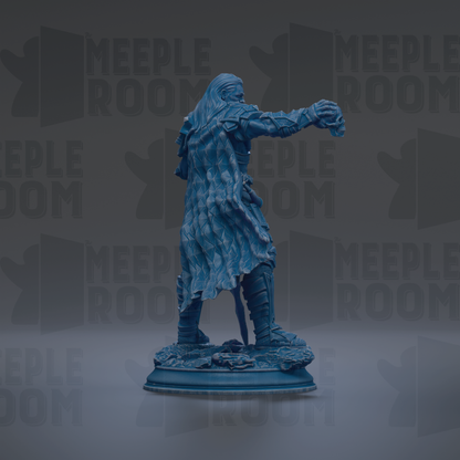 A blue statue of a person with long hair and a flowing garment stands on a pedestal against a dark background with repeated text.
