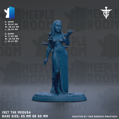 The image is a 3D rendering of a figurine of a woman, specifically the Medusa character from the video game Meeple Room. The figurine is depicted in a blue color and is standing on a base. The image is described as a "base size: 25mm or 50mm" and is "sculpted by twin goddesses miniatures".