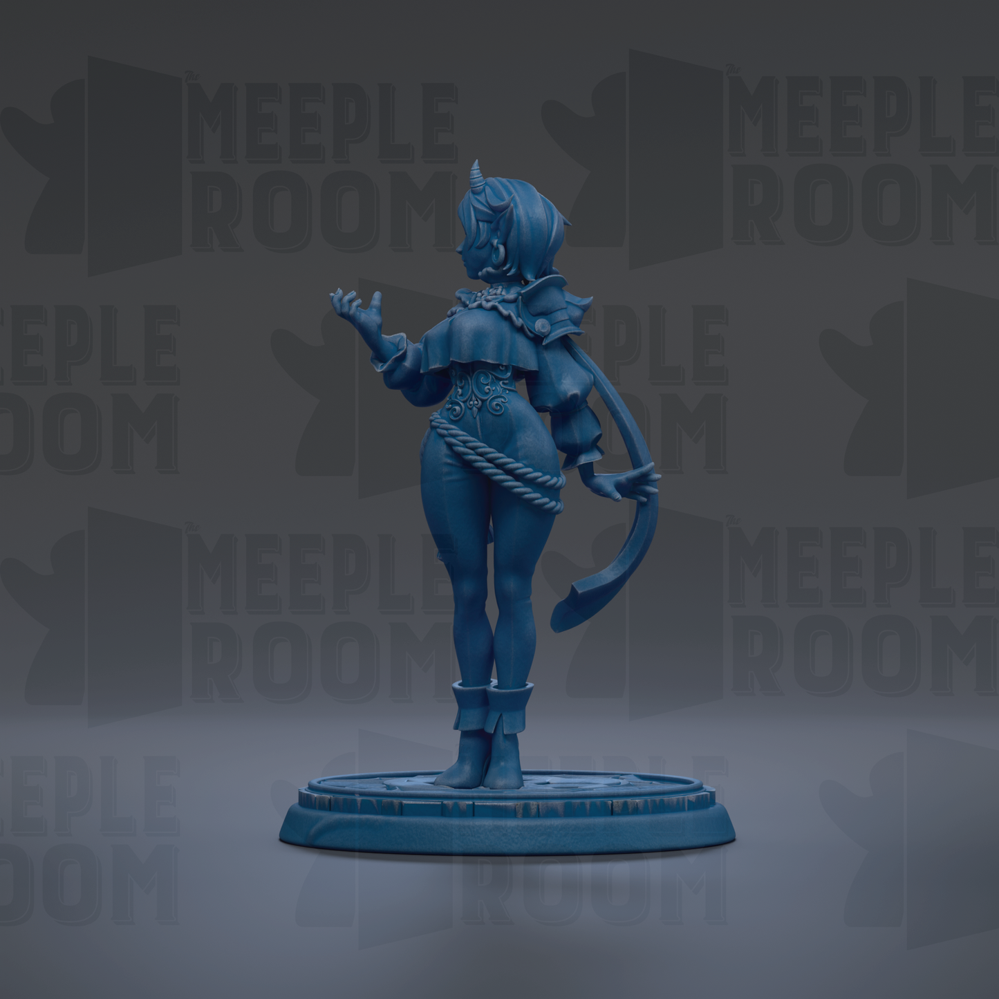 A blue figurine of a woman with horns, standing on a platform and holding a weapon, against a dark background with repeated text.