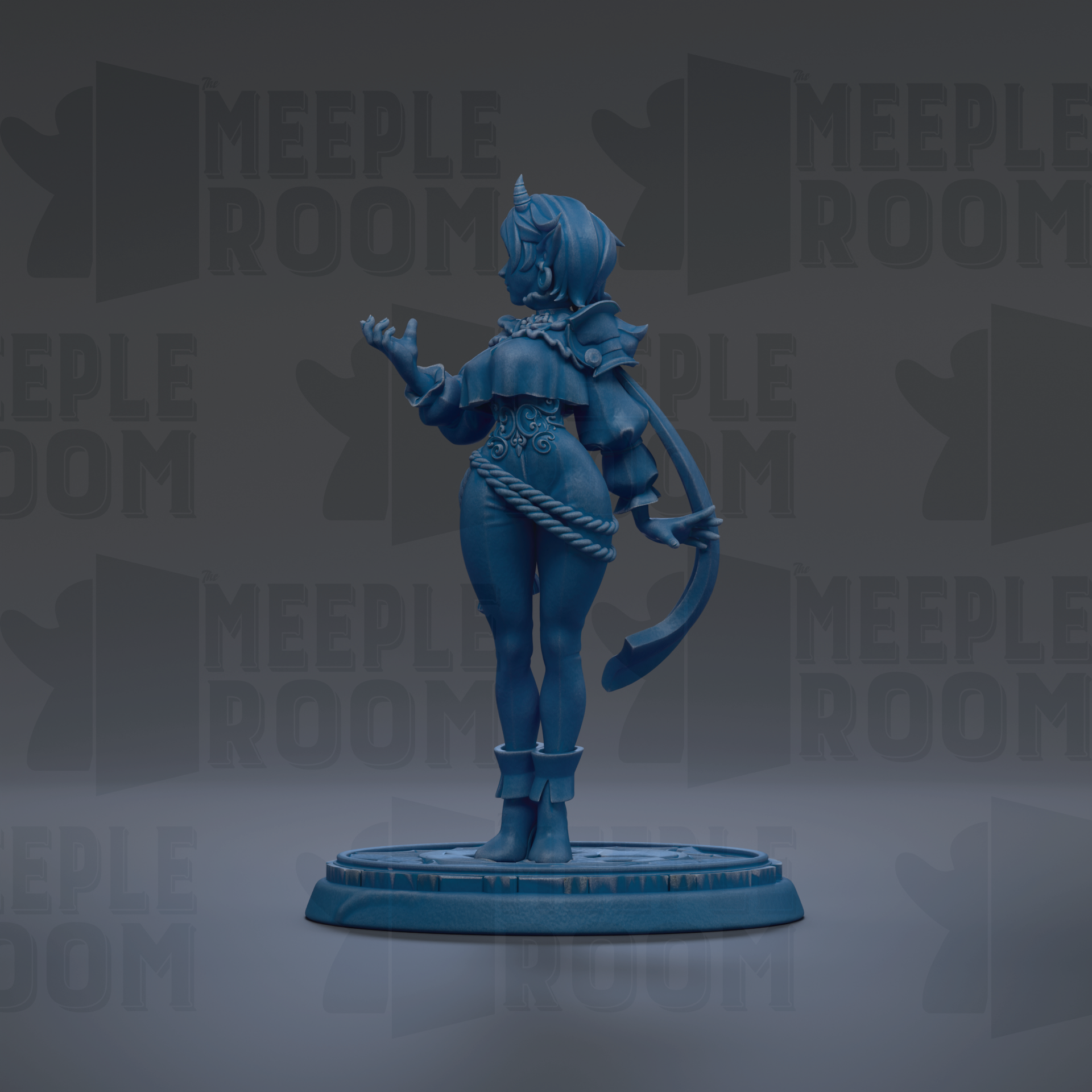 A blue figurine of a woman with horns, standing on a platform and holding a weapon, against a dark background with repeated text.