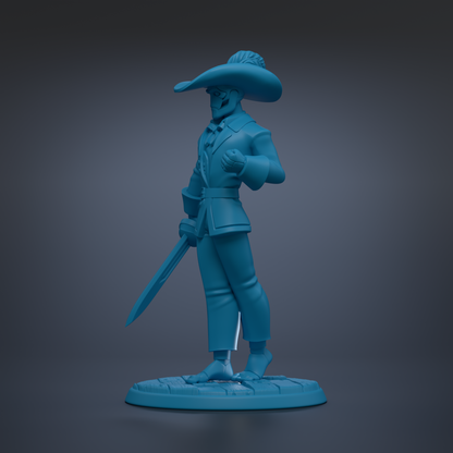 A blue statue of a man wearing a hat and holding a sword.