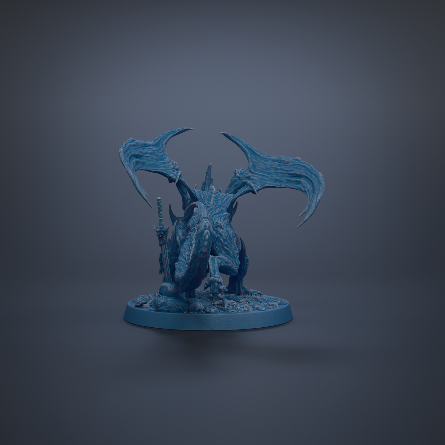 A blue dragon figurine with wings and a sword is displayed against a dark background.