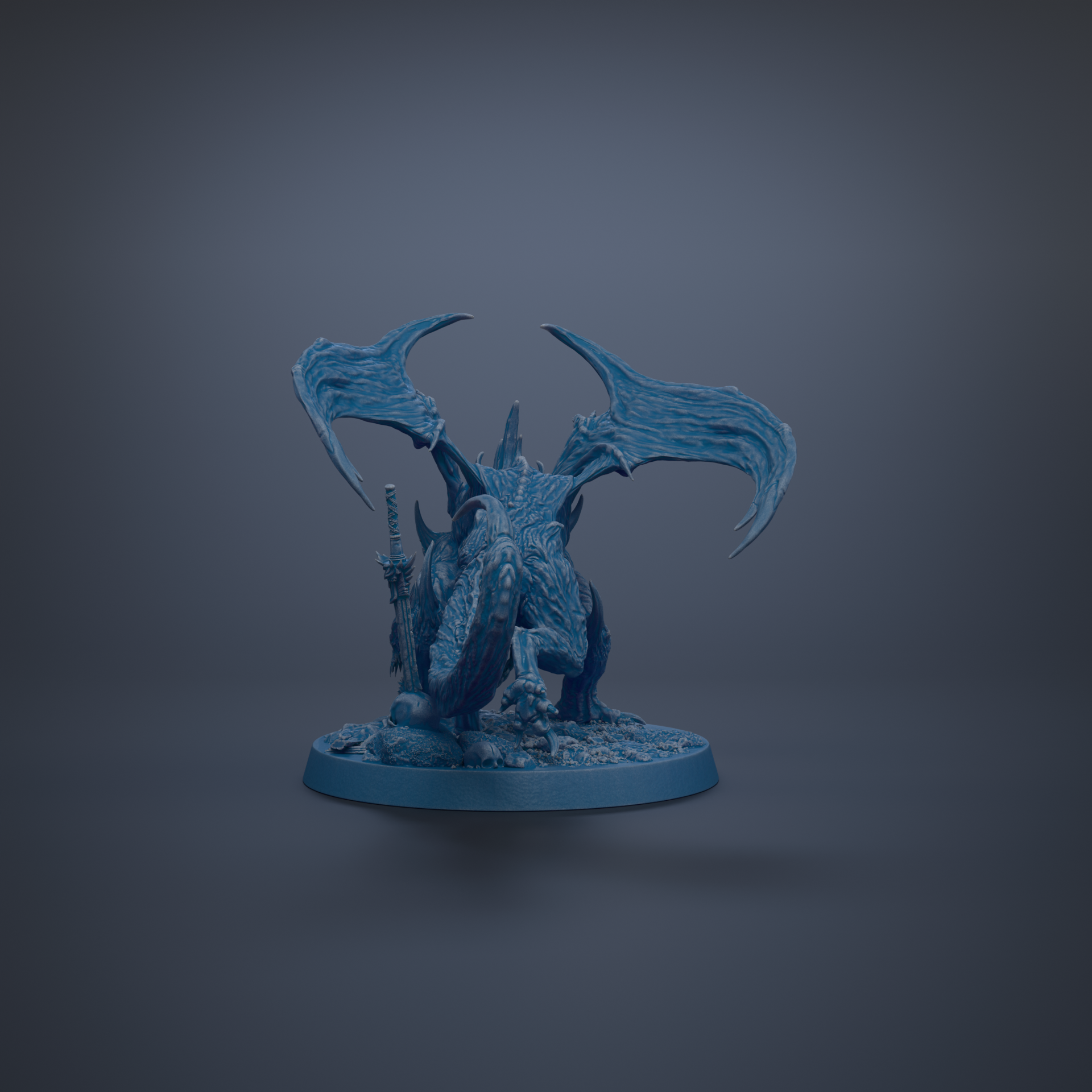 A blue dragon figurine with wings and a sword is displayed against a dark background.