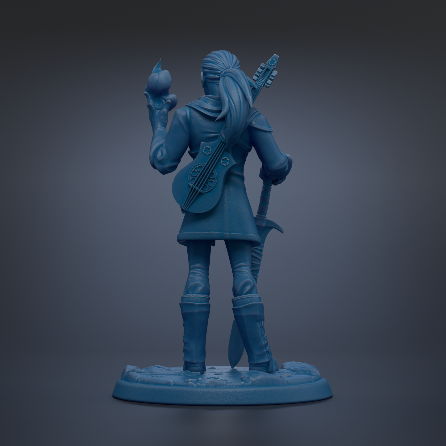 A blue figurine of a person holding a guitar and a shield, standing against a dark background.