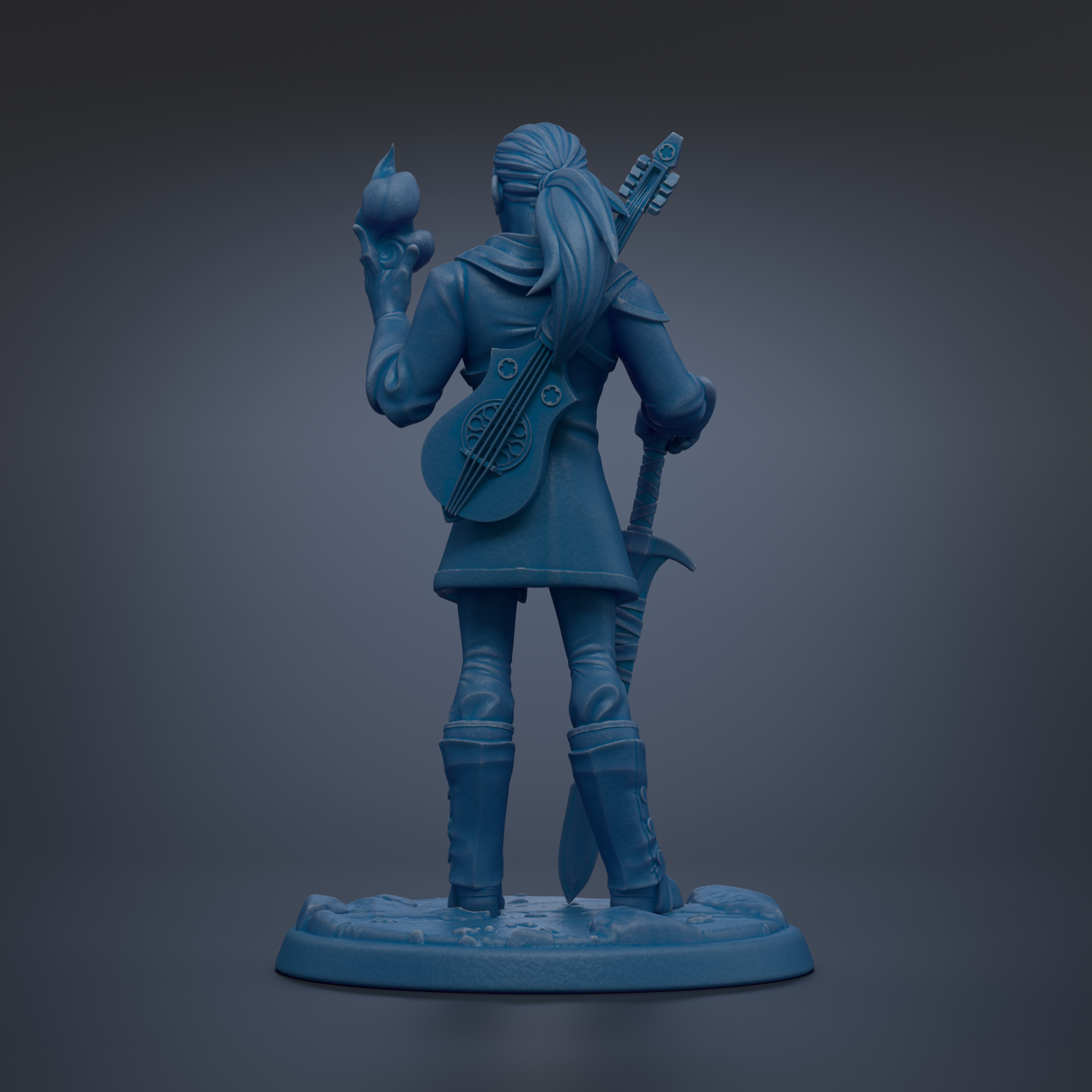 A blue figurine of a person holding a guitar and a shield, standing against a dark background.