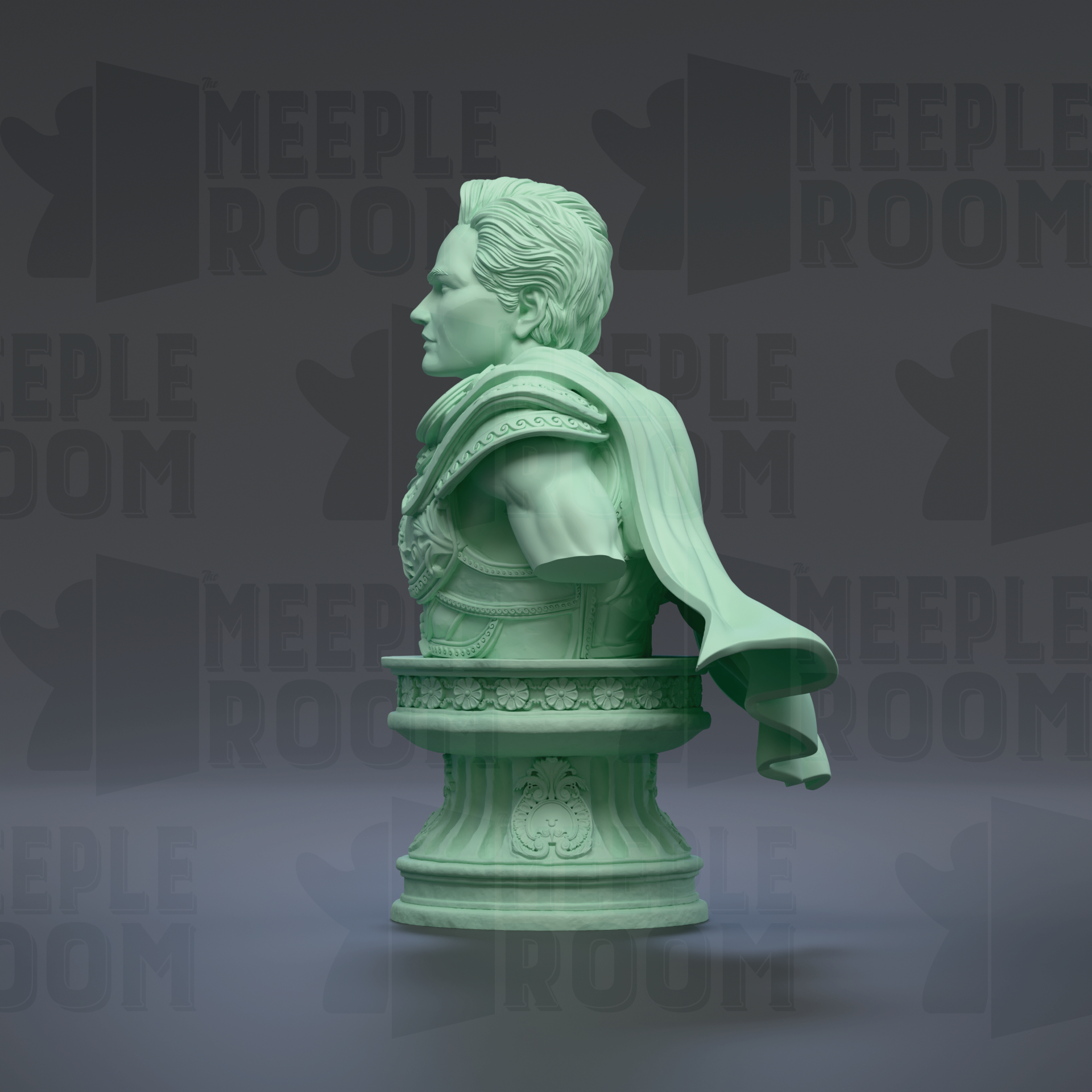 A green bust of a person, possibly a historical figure, displayed on a pedestal against a dark background with repeated text.