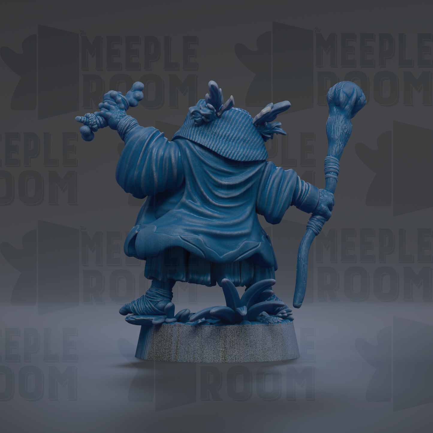 A blue figurine of a character with a staff and a hat, standing on a platform against a dark background with repeated text.