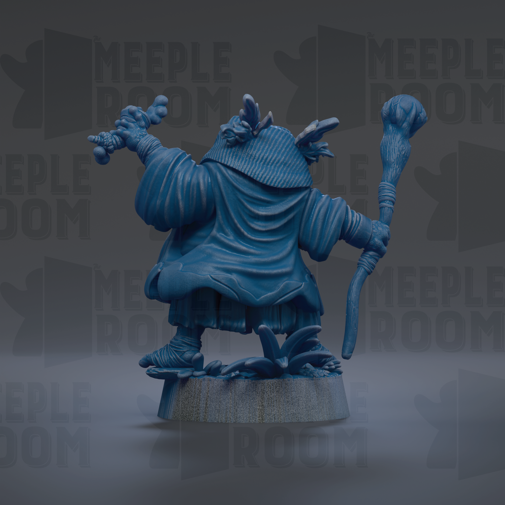 A blue figurine of a character with a staff and a hat, standing on a platform against a dark background with repeated text.