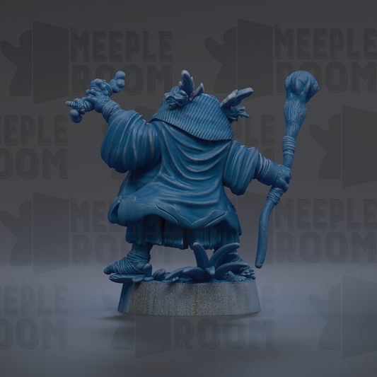 A blue figurine of a character with a staff and a hat, standing on a platform against a dark background with repeated text.