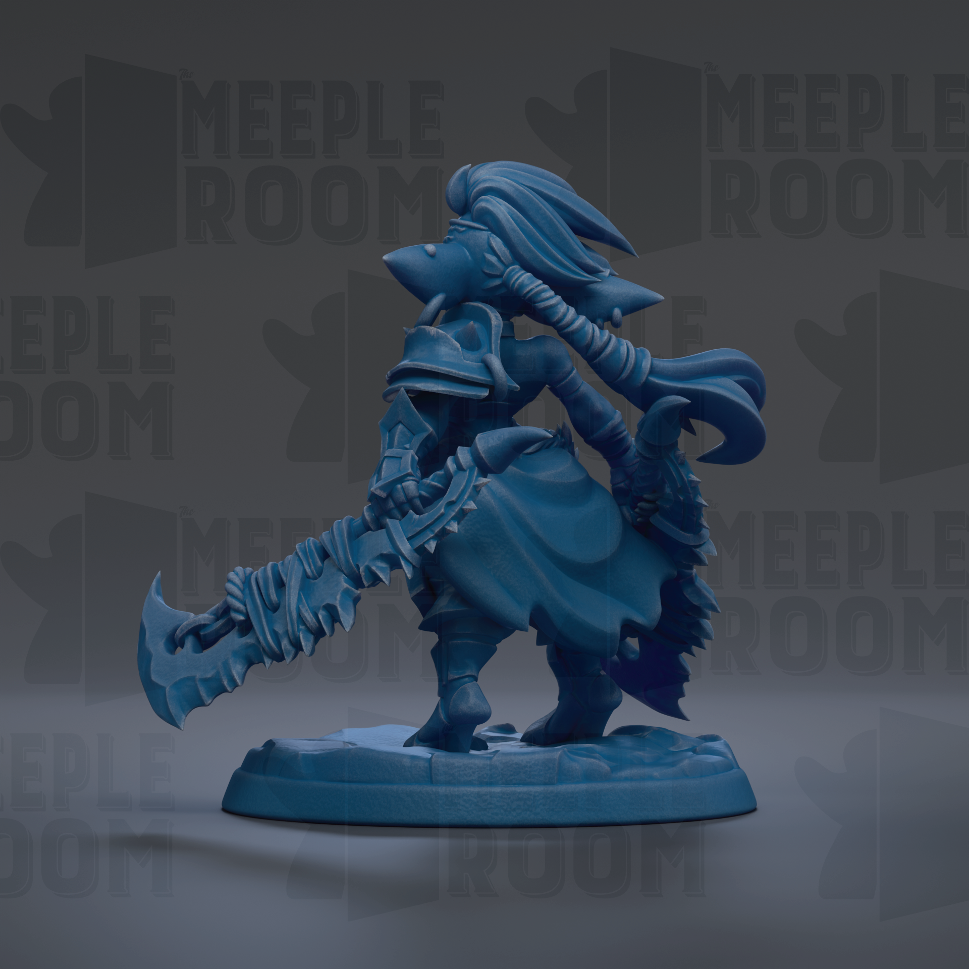 A blue, stylized figurine of a warrior figure with a large sword and a flowing cape, set against a dark background with repeated text.