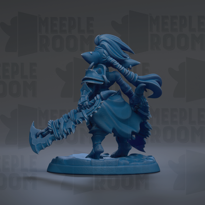 A blue, stylized figurine of a warrior figure with a large sword and a flowing cape, set against a dark background with repeated text.